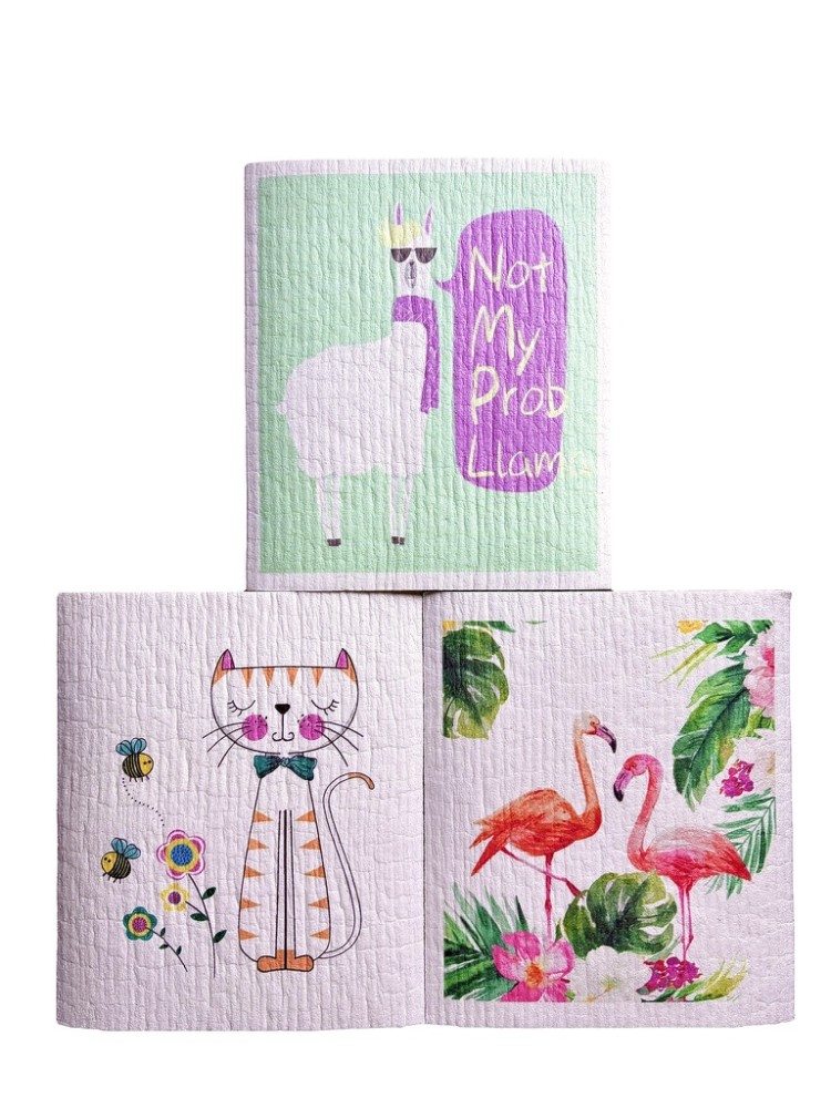 İsveç Bezi Hayvan Desenli 3'lü Set - Flamingo,Lama,Kedi