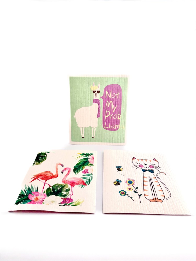 İsveç Bezi Hayvan Desenli 3'lü Set - Flamingo,Lama,Kedi