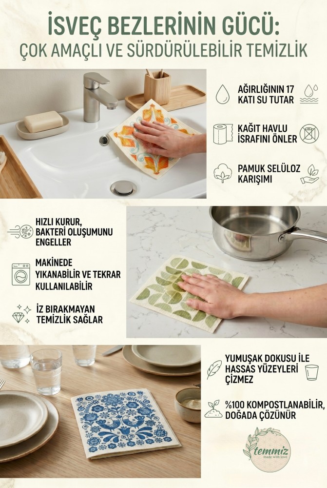 İsveç Bezi Otantik Desenli 3'lü Set