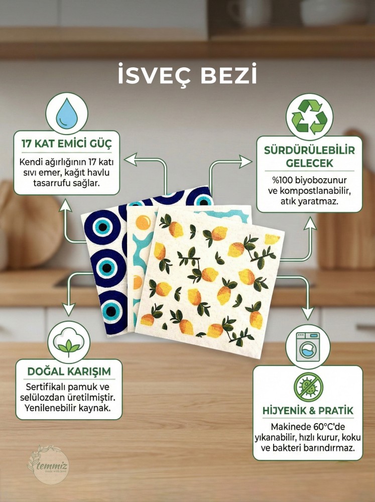 İsveç Bezi 3'lü Set - Limon,Yumurta,Nazar Boncuğu