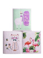 İsveç Bezi Hayvan Desenli 3'lü Set - Flamingo,Lama,Kedi
